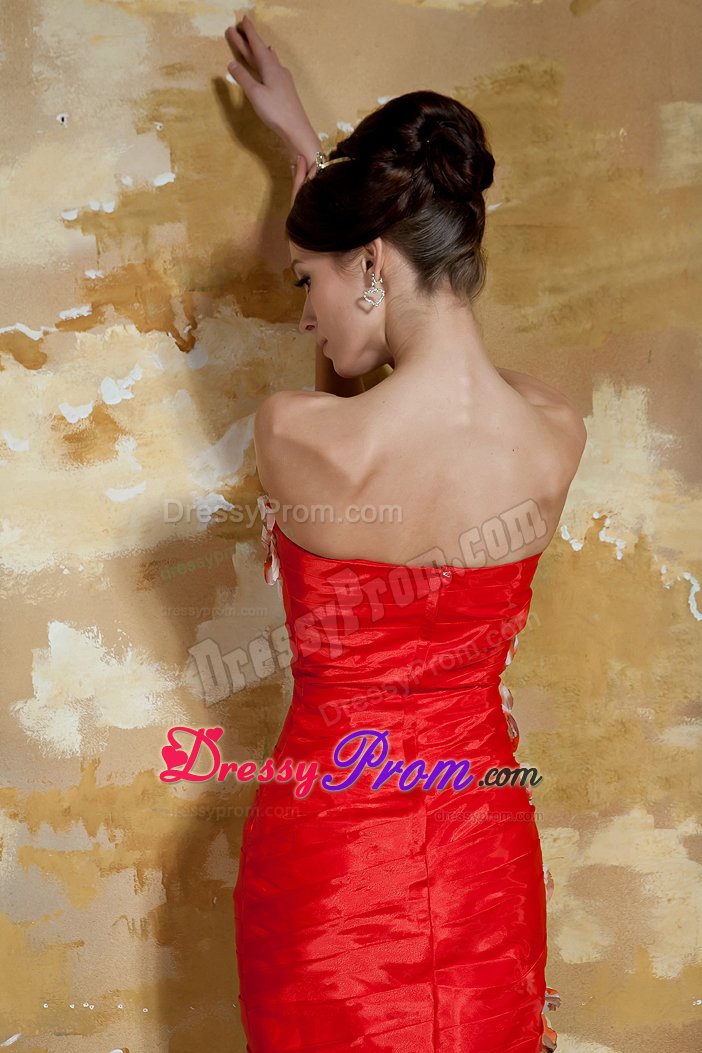 Column Short Red Prom Graduation Dress Handmade Flowers