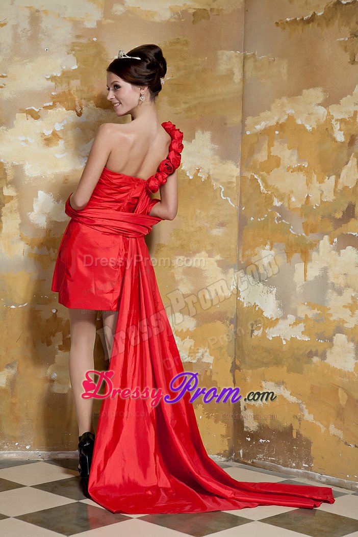 One Shoulder Watteau Train Red formal Prom Dress with Flowers