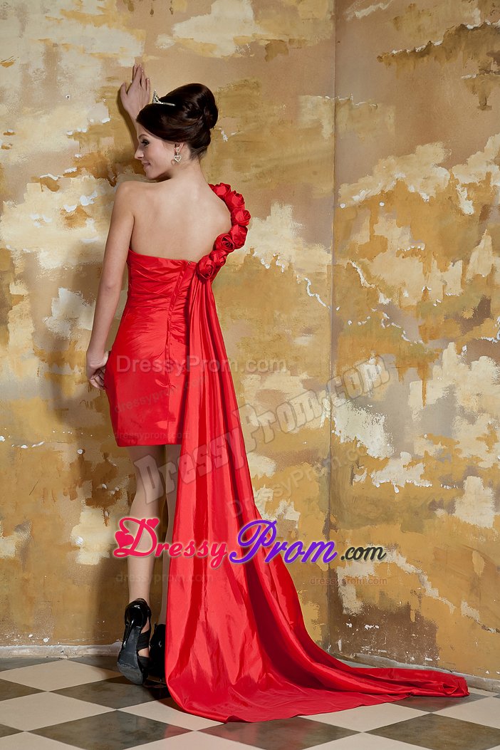 One Shoulder Watteau Train Red formal Prom Dress with Flowers