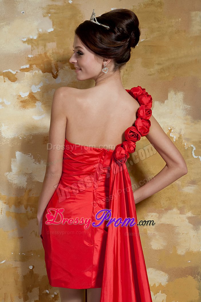 One Shoulder Watteau Train Red formal Prom Dress with Flowers