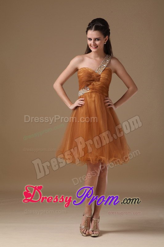 One Shoulder Brown Mini-length A-line Organza Beaded Prom Dress