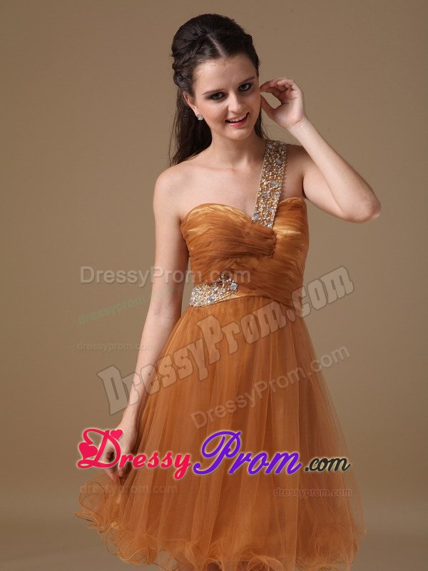 One Shoulder Brown Mini-length A-line Organza Beaded Prom Dress