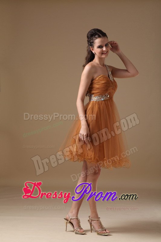 One Shoulder Brown Mini-length A-line Organza Beaded Prom Dress