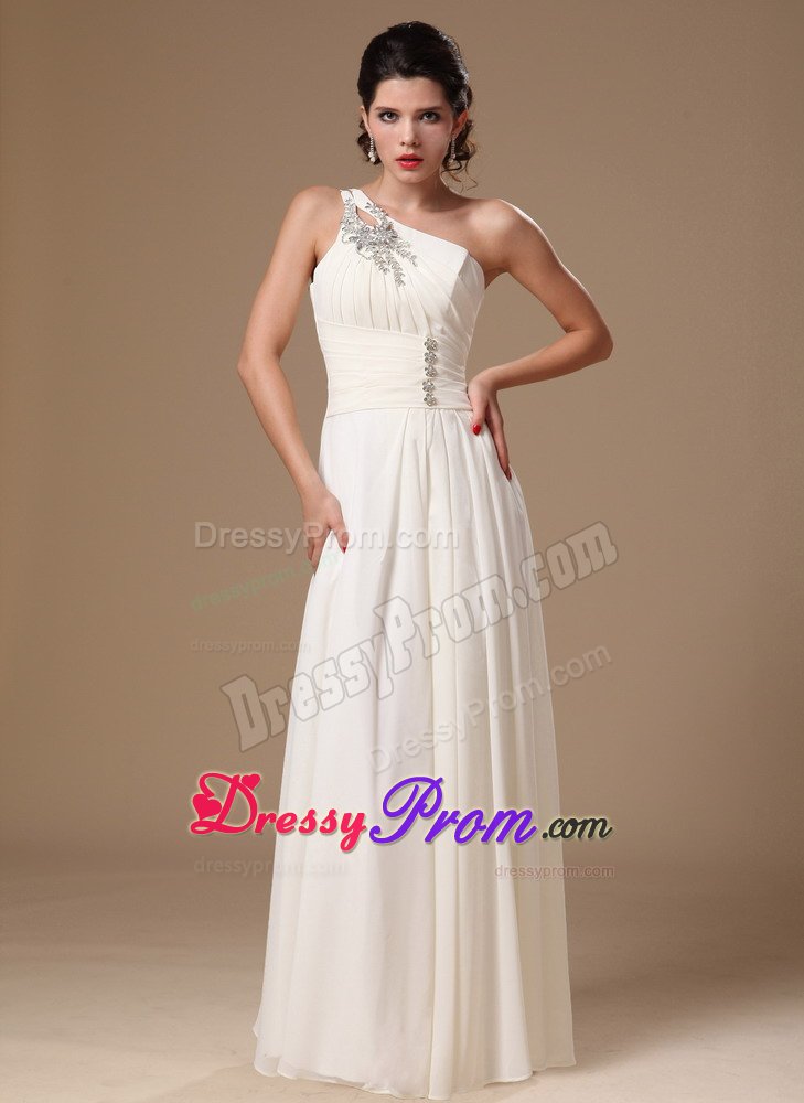 Popular White Beaded Prom Cocktail Dress One Shoulder Floor-length