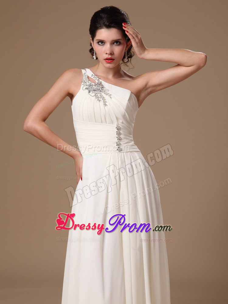 Popular White Beaded Prom Cocktail Dress One Shoulder Floor-length