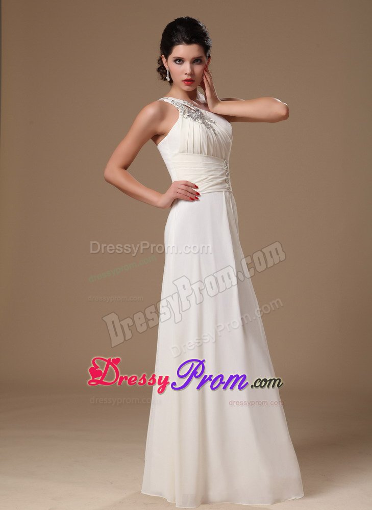 Popular White Beaded Prom Cocktail Dress One Shoulder Floor-length