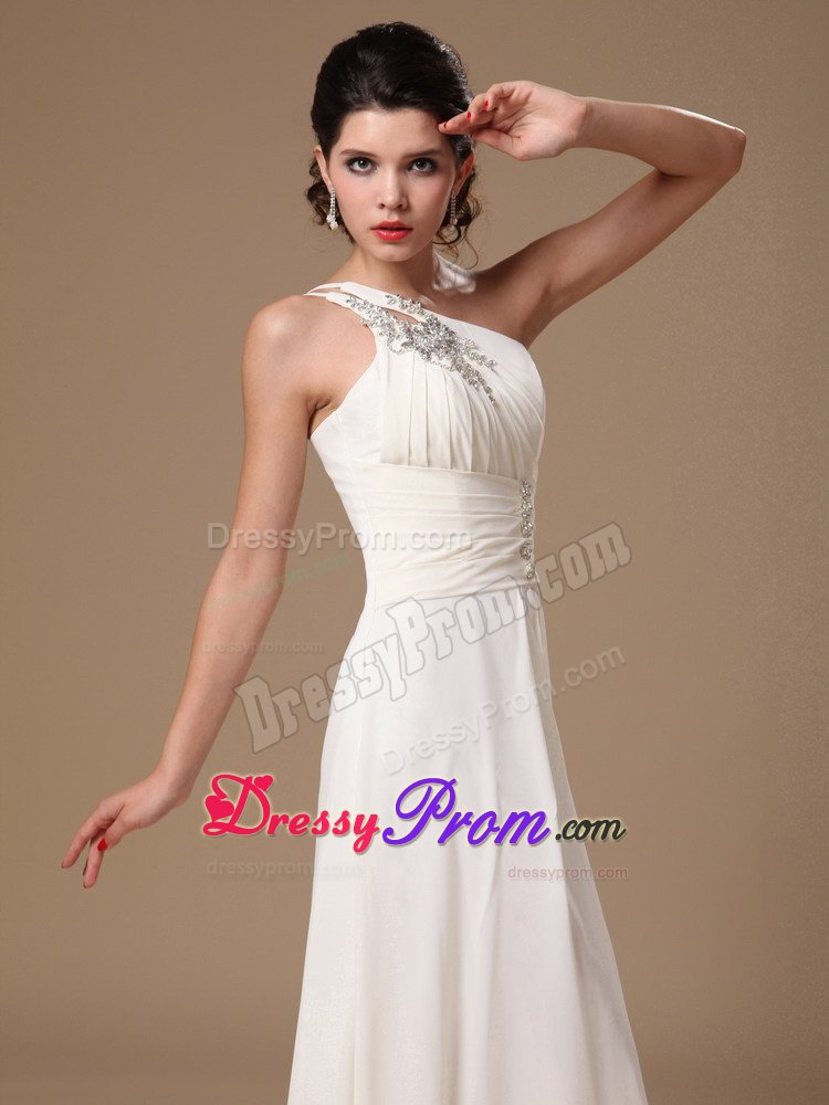 Popular White Beaded Prom Cocktail Dress One Shoulder Floor-length