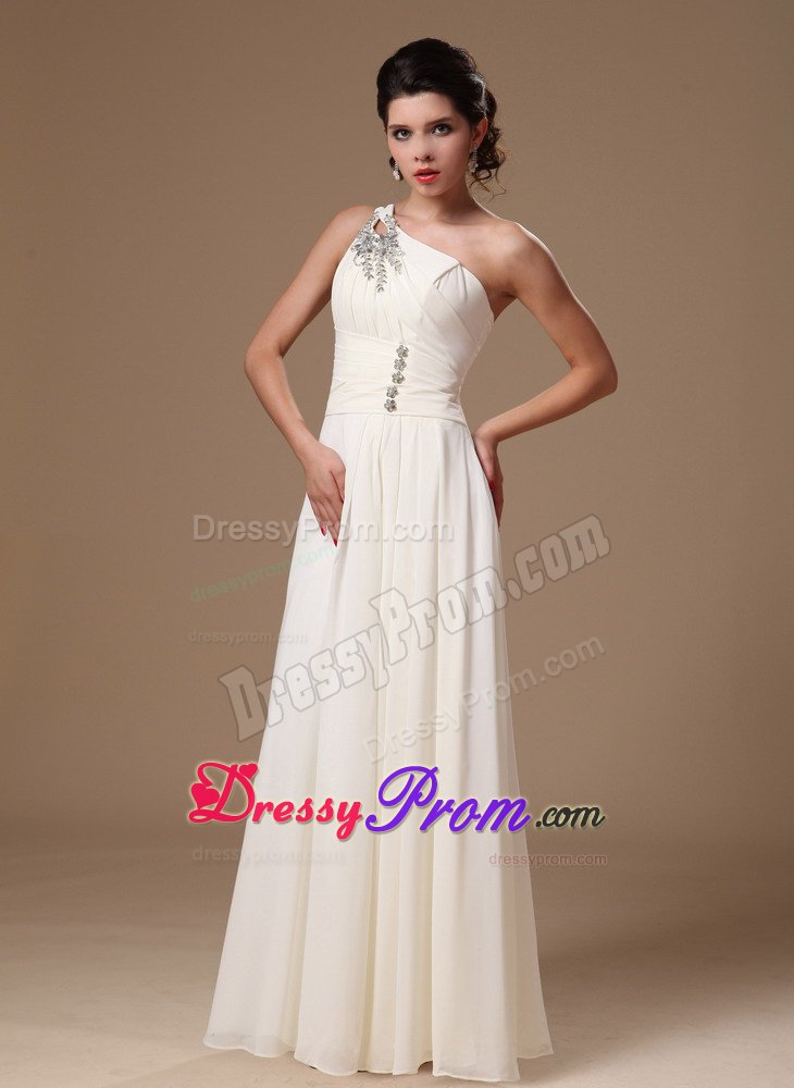 Popular White Beaded Prom Cocktail Dress One Shoulder Floor-length