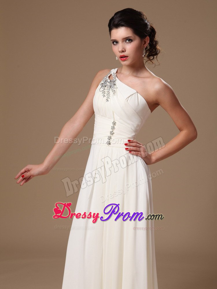 Popular White Beaded Prom Cocktail Dress One Shoulder Floor-length