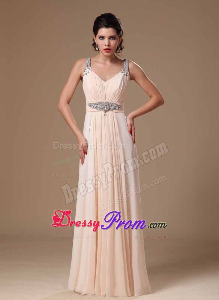 v-Neck Chiffon Prom Holiday Dress Beading and Ruches in Champagne