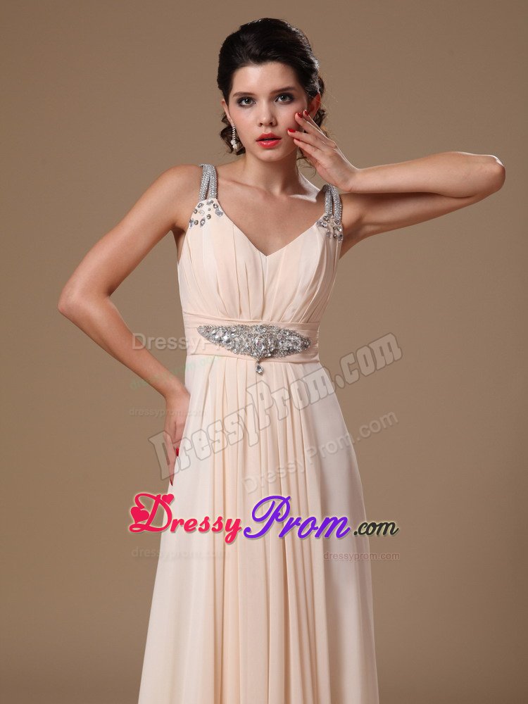 v-Neck Chiffon Prom Holiday Dress Beading and Ruches in Champagne