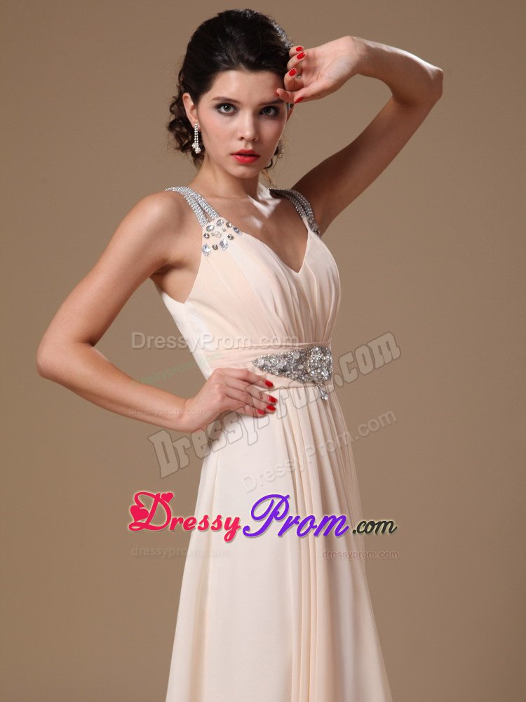 v-Neck Chiffon Prom Holiday Dress Beading and Ruches in Champagne