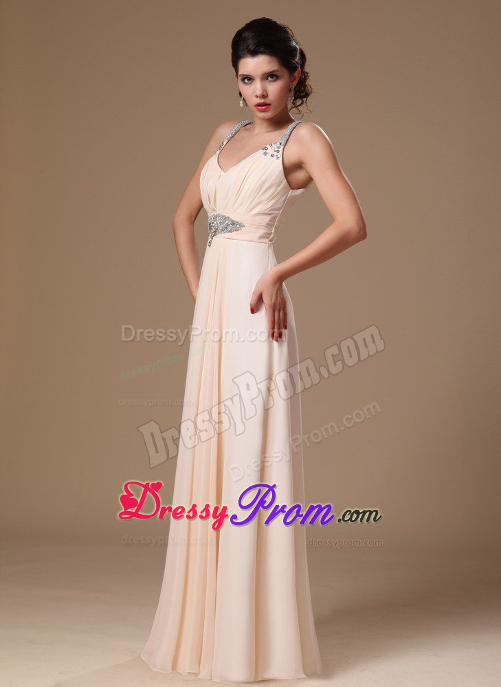 v-Neck Chiffon Prom Holiday Dress Beading and Ruches in Champagne