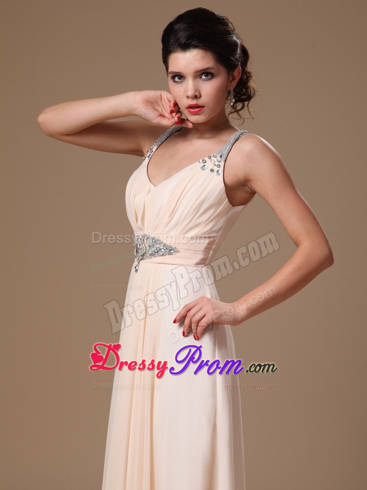 v-Neck Chiffon Prom Holiday Dress Beading and Ruches in Champagne