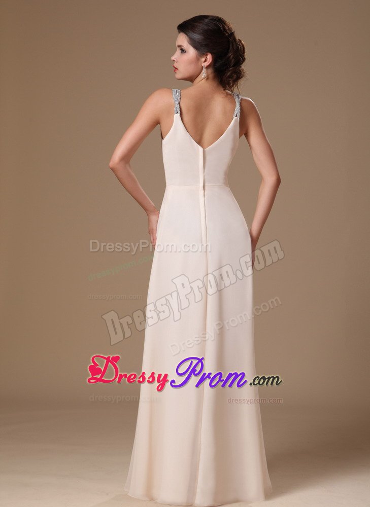 v-Neck Chiffon Prom Holiday Dress Beading and Ruches in Champagne