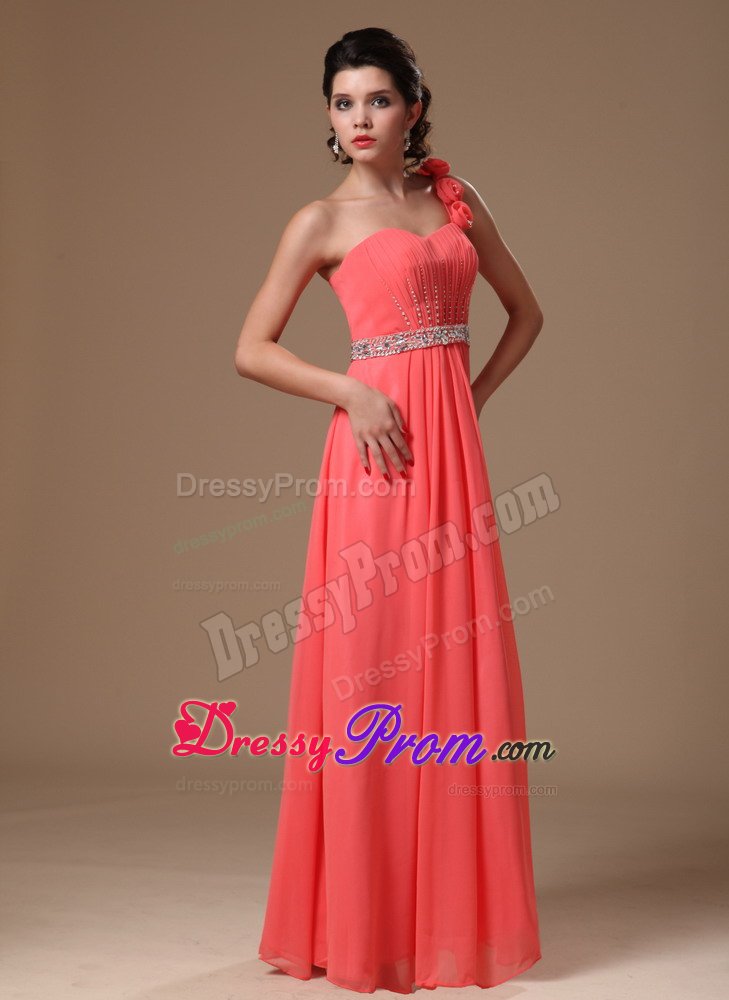 Watermelon One Shoulder Dresses for Prom Princess Beading Waist