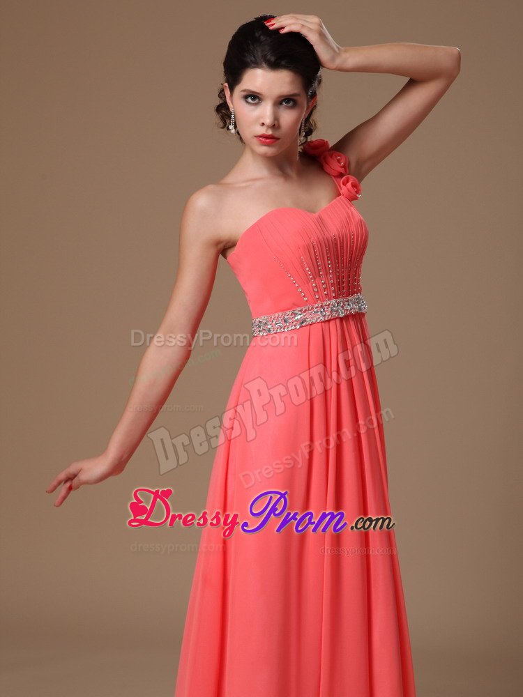 Watermelon One Shoulder Dresses for Prom Princess Beading Waist