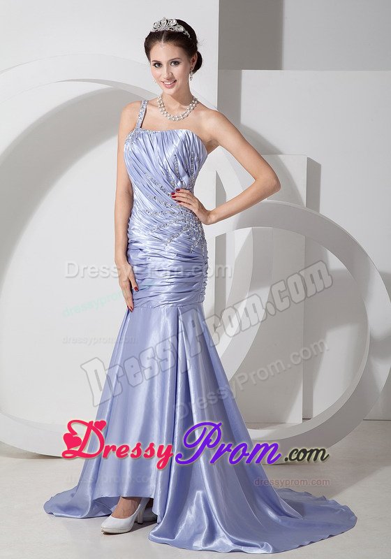 Sweep Train Ruched Prom Party Dress Beaded One Shoulder Lavender