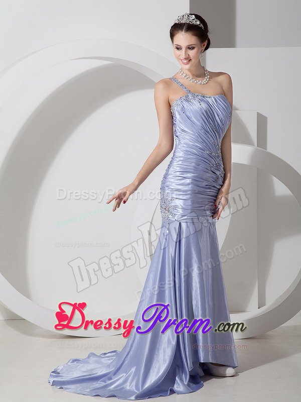 Sweep Train Ruched Prom Party Dress Beaded One Shoulder Lavender