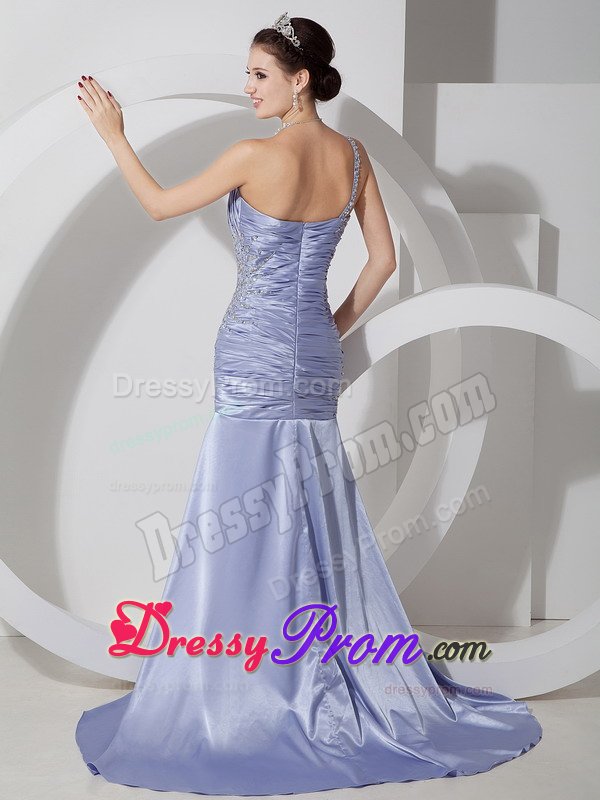 Sweep Train Ruched Prom Party Dress Beaded One Shoulder Lavender