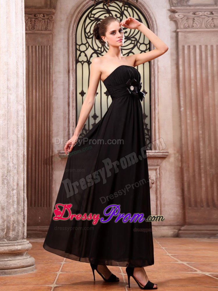 Ankle-length Black Prom Dress Strapless Hand Made Flowers for Vitoria