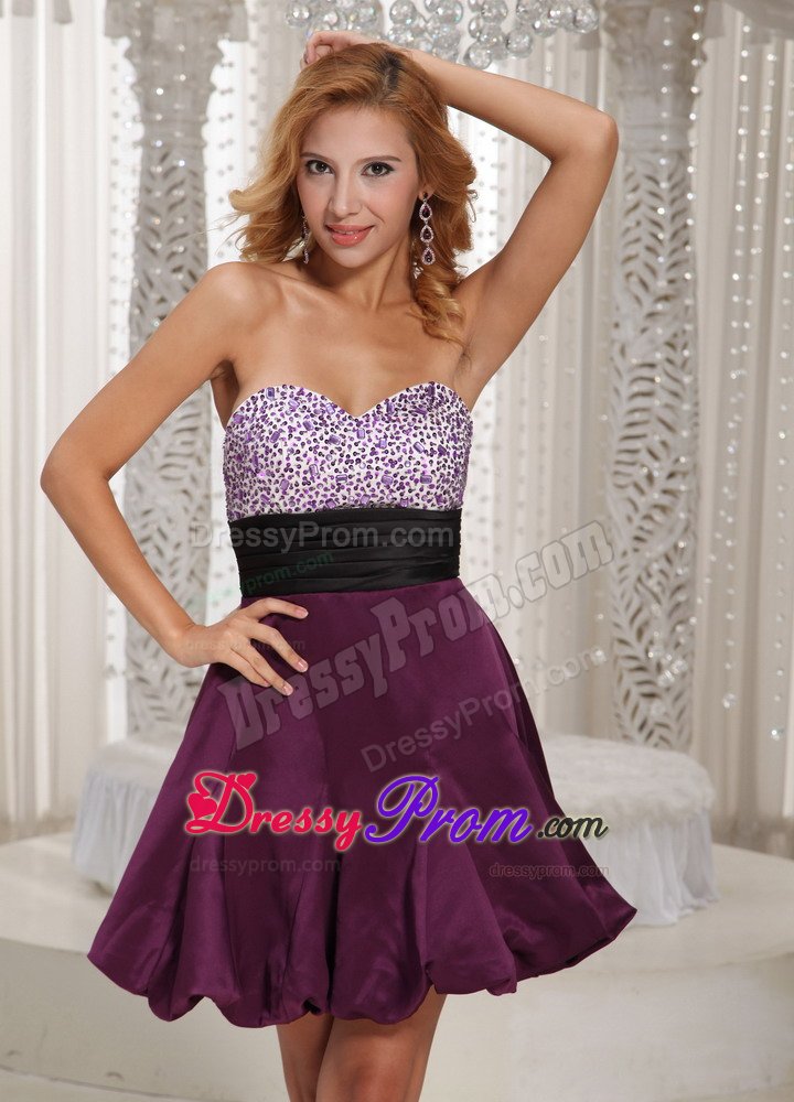 Dark Purple Mini-length Beaded Prom Homecoming Dresses with Sash