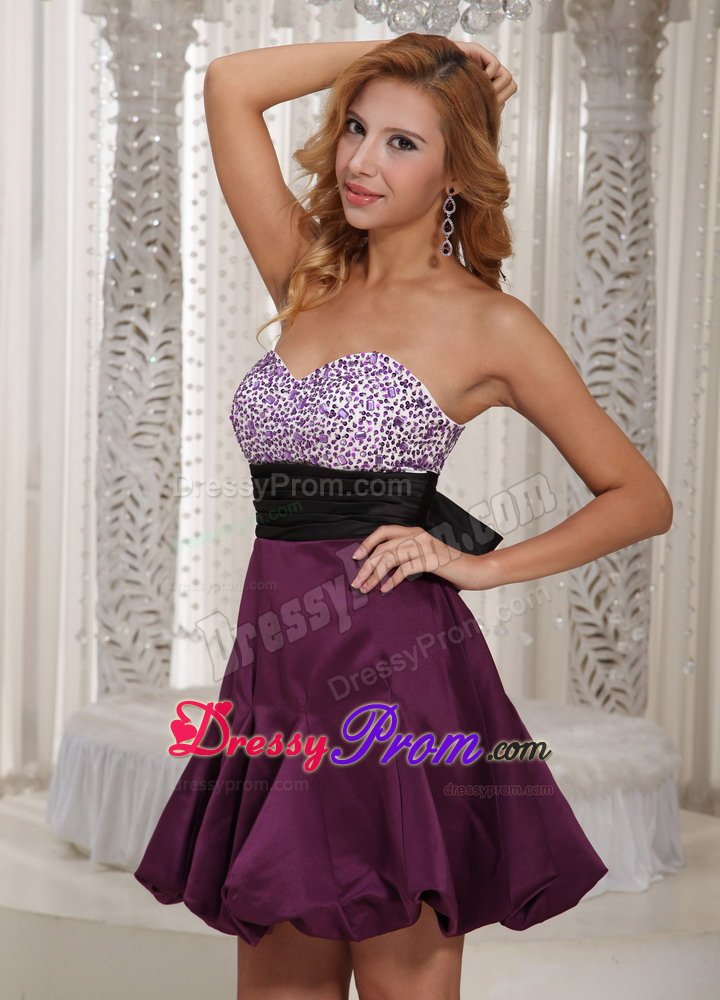 Dark Purple Mini-length Beaded Prom Homecoming Dresses with Sash