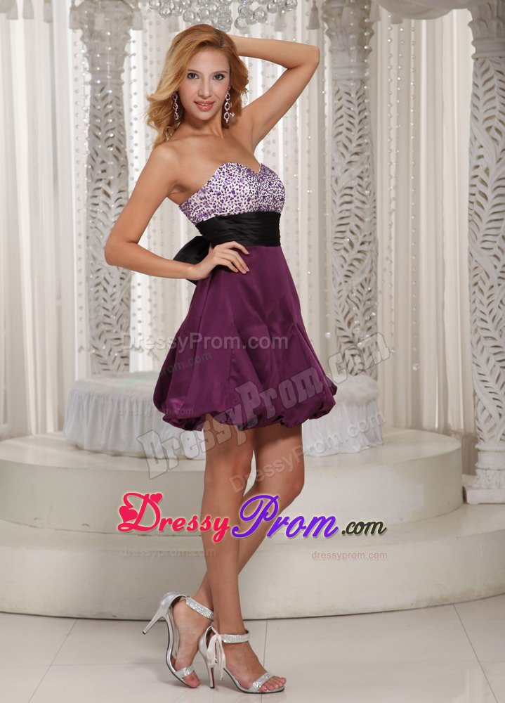 Dark Purple Mini-length Beaded Prom Homecoming Dresses with Sash