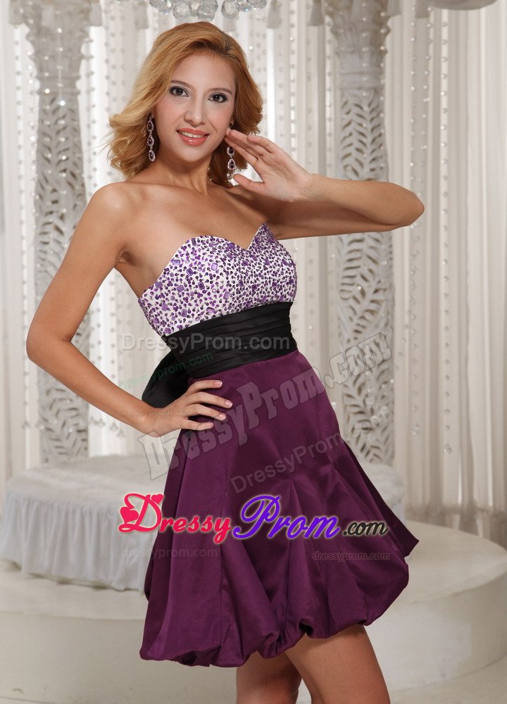 Dark Purple Mini-length Beaded Prom Homecoming Dresses with Sash