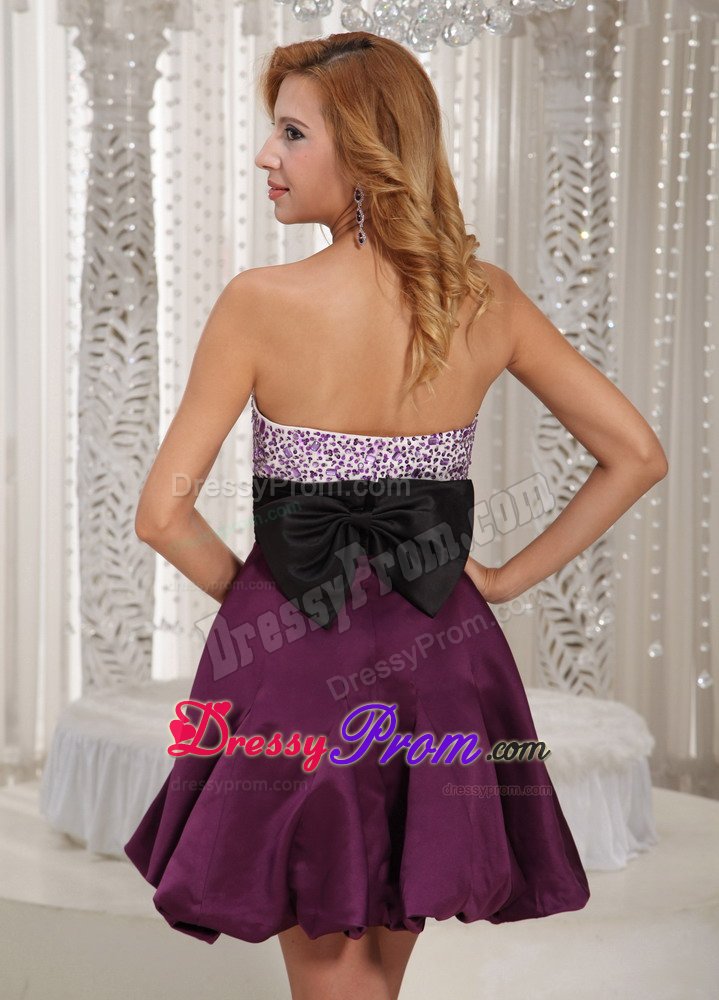 Dark Purple Mini-length Beaded Prom Homecoming Dresses with Sash