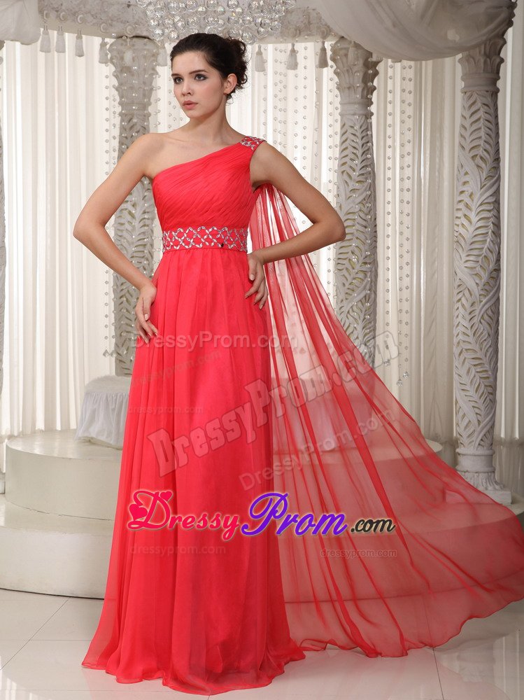 Cheap Red One Shoulder Prom Evening Dress Chiffon Watteau Train