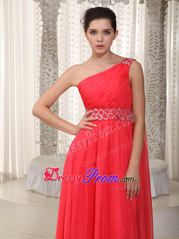 Cheap Red One Shoulder Prom Evening Dress Chiffon Watteau Train