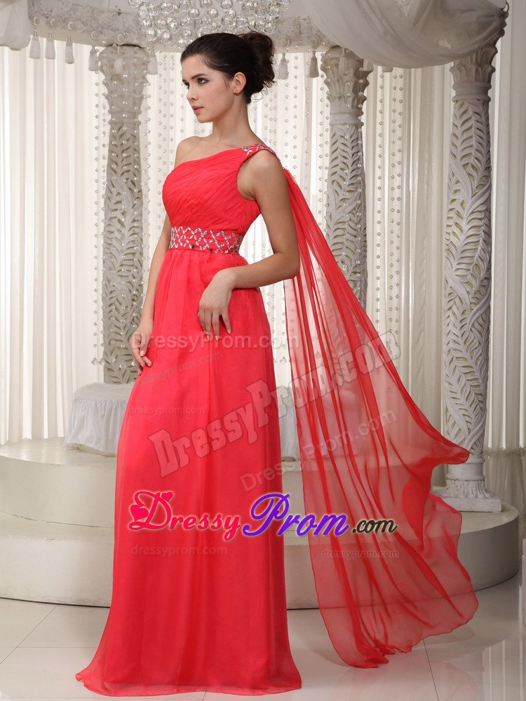 Cheap Red One Shoulder Prom Evening Dress Chiffon Watteau Train