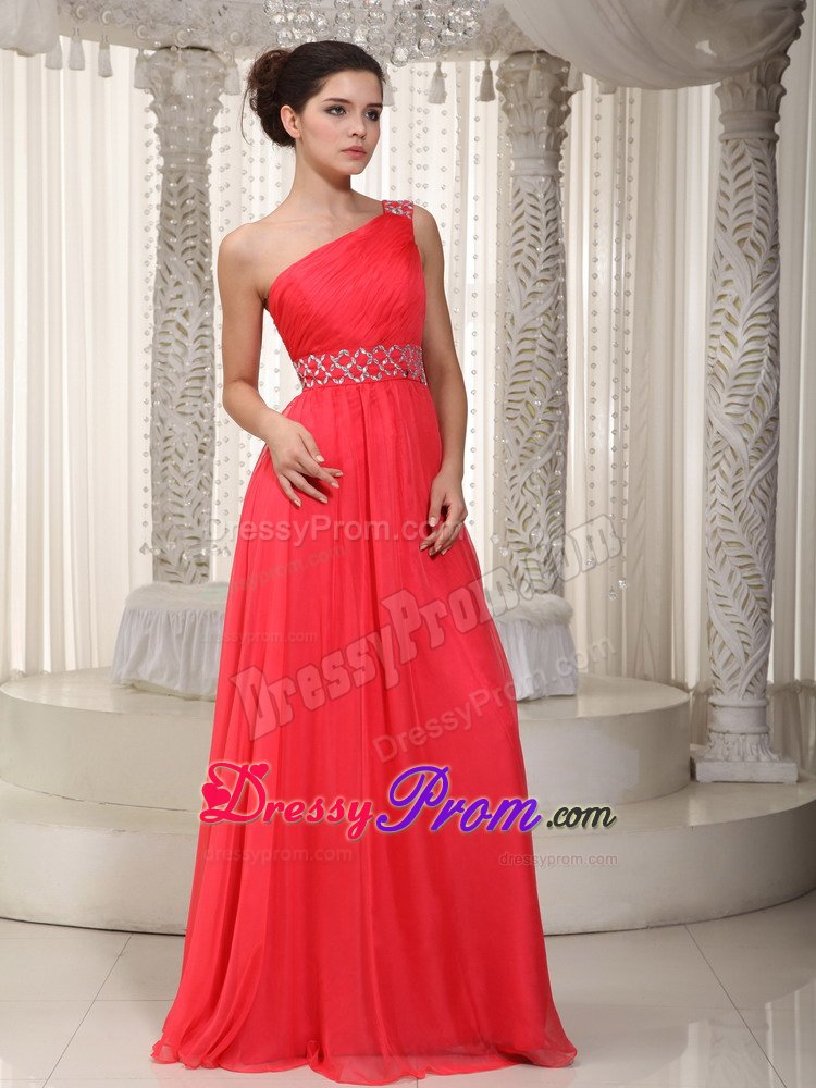 Cheap Red One Shoulder Prom Evening Dress Chiffon Watteau Train