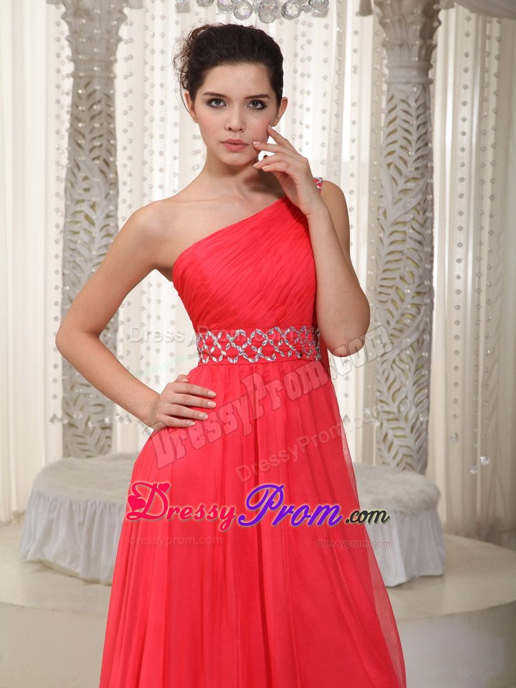Cheap Red One Shoulder Prom Evening Dress Chiffon Watteau Train