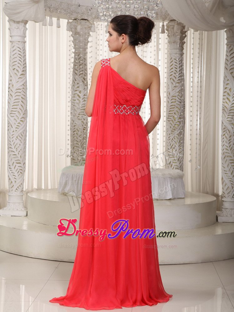 Cheap Red One Shoulder Prom Evening Dress Chiffon Watteau Train