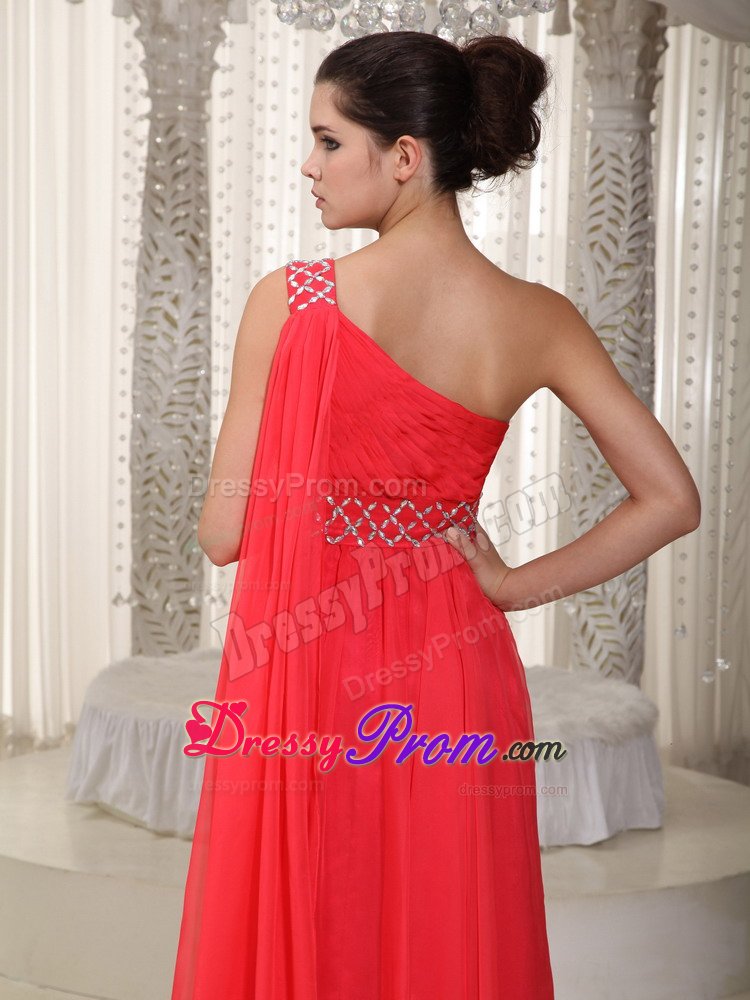 Cheap Red One Shoulder Prom Evening Dress Chiffon Watteau Train