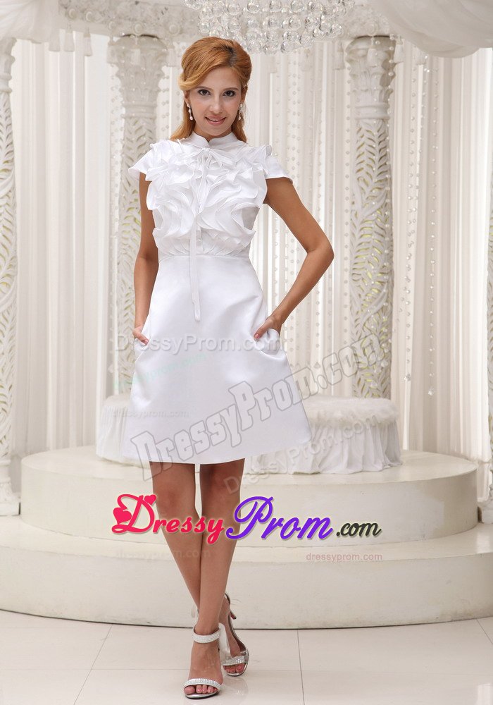 Unique White High-Neck Prom Evening Dresses with Ruffles Mini-length