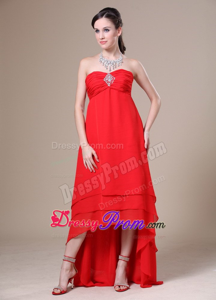 Sophisticated Red Prom Dresses Beading High-low with Zipper up Back