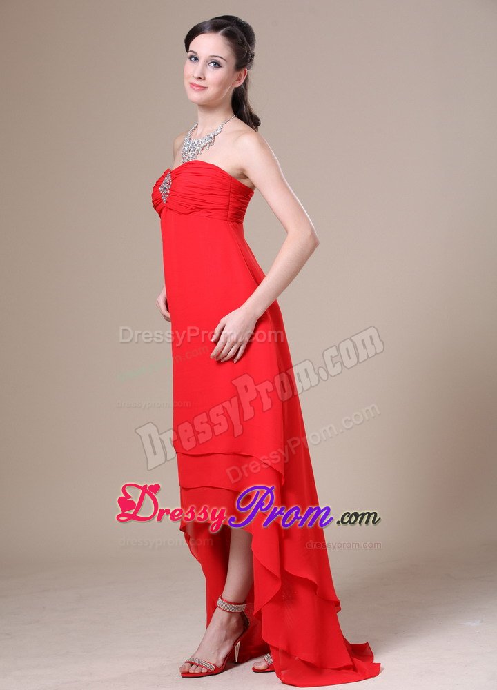 Sophisticated Red Prom Dresses Beading High-low with Zipper up Back