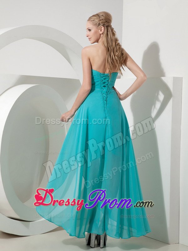 High-low Chiffon Beaded Prom Evening Dress Ruche with Lace up Back