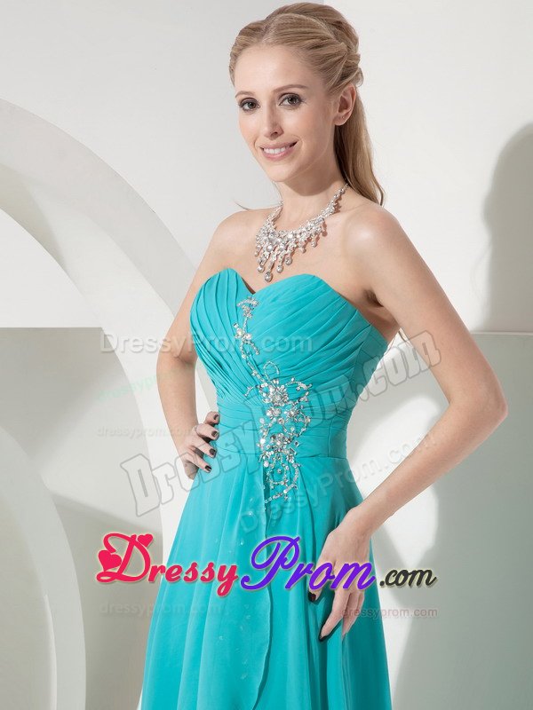 High-low Chiffon Beaded Prom Evening Dress Ruche with Lace up Back
