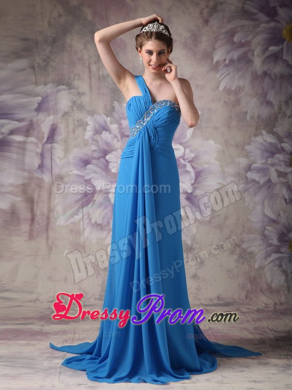 Gorgeous One Shoulder Prom Gown Dress Ruched and Beaded Bodice