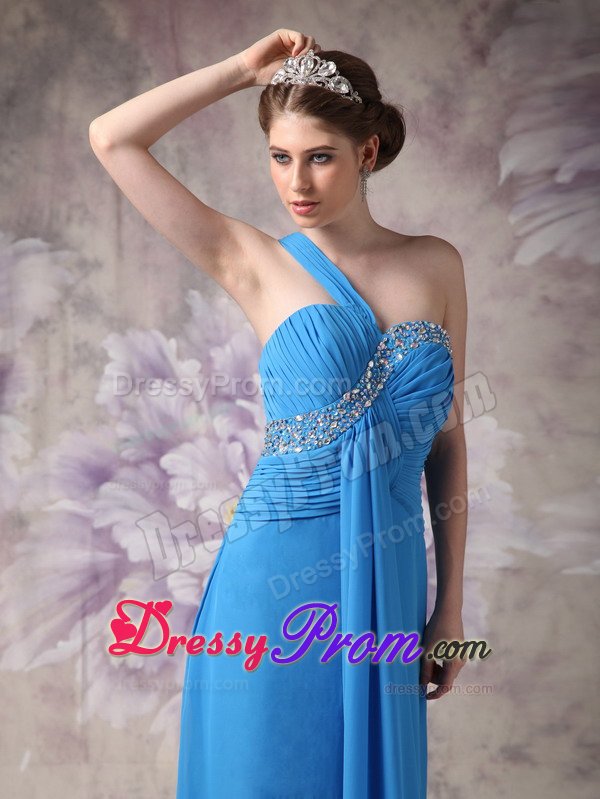 Gorgeous One Shoulder Prom Gown Dress Ruched and Beaded Bodice