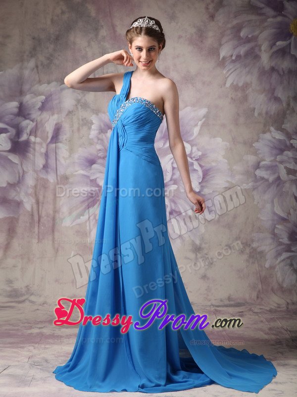 Gorgeous One Shoulder Prom Gown Dress Ruched and Beaded Bodice