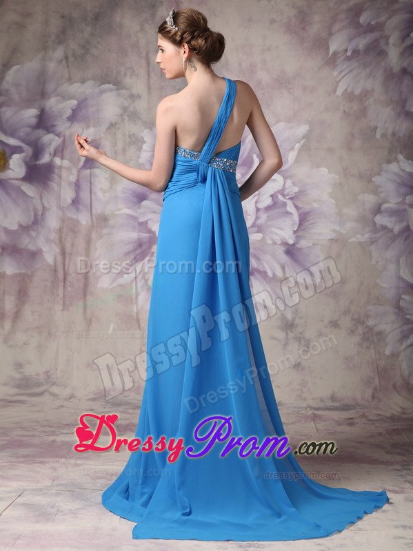 Gorgeous One Shoulder Prom Gown Dress Ruched and Beaded Bodice