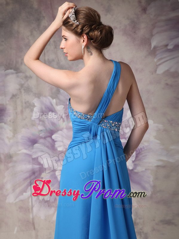 Gorgeous One Shoulder Prom Gown Dress Ruched and Beaded Bodice