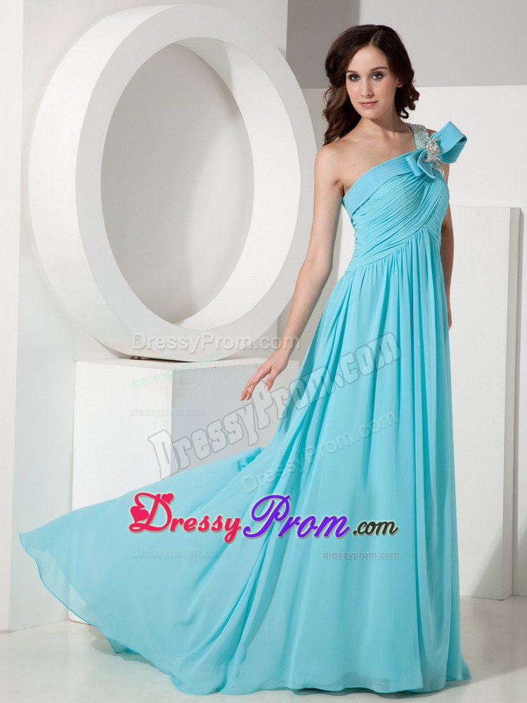 Fitted Ruched Prom Dress Beaded One Shoulder Brush Train for Pelotas