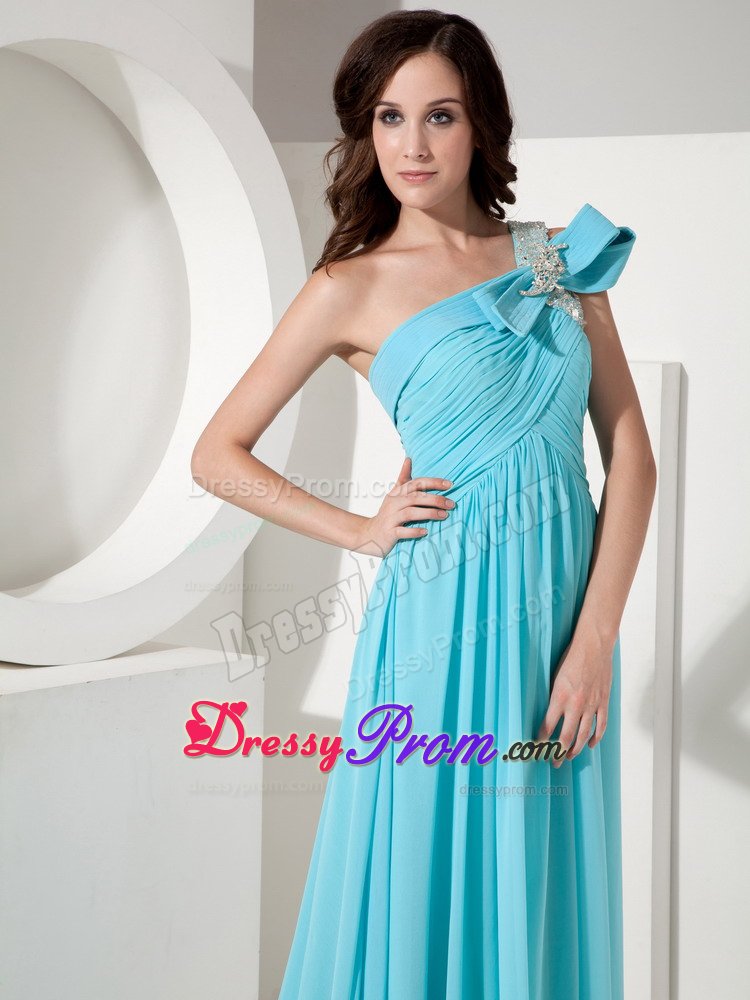 Fitted Ruched Prom Dress Beaded One Shoulder Brush Train for Pelotas