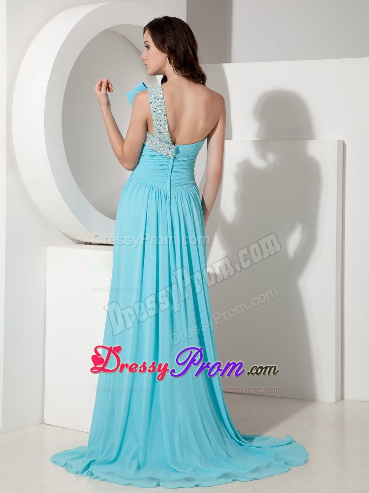 Fitted Ruched Prom Dress Beaded One Shoulder Brush Train for Pelotas